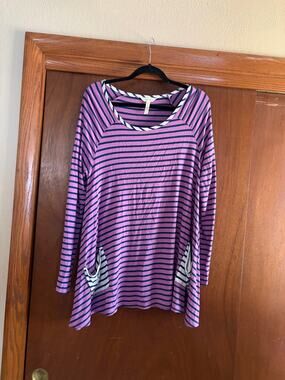 Matilda Jane Purple Striped Tunic Top Women's L Long Sleeve Pockets Stretch